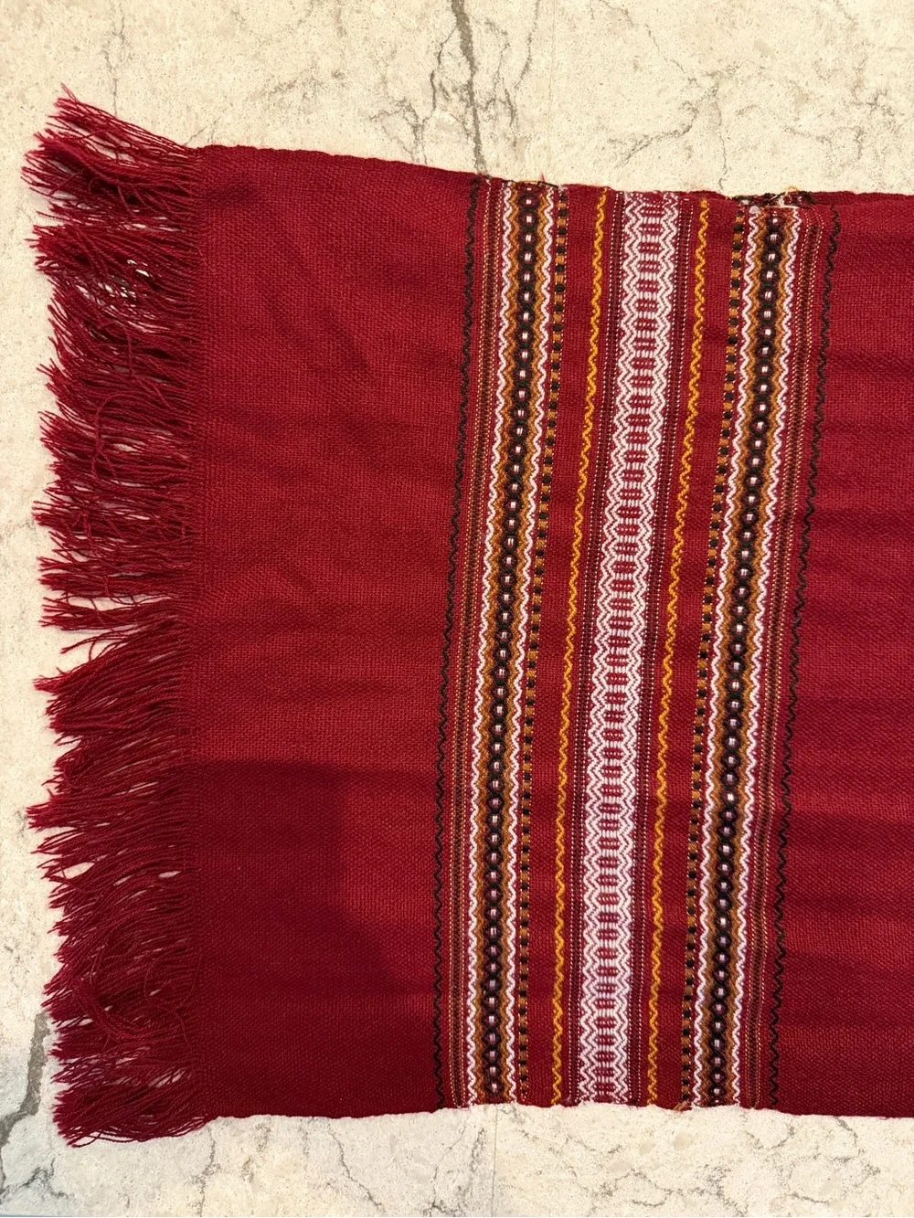 Ecuadorian 100% Wool Scarf Wrap Burgundy Woven Geometric Fringe Boho